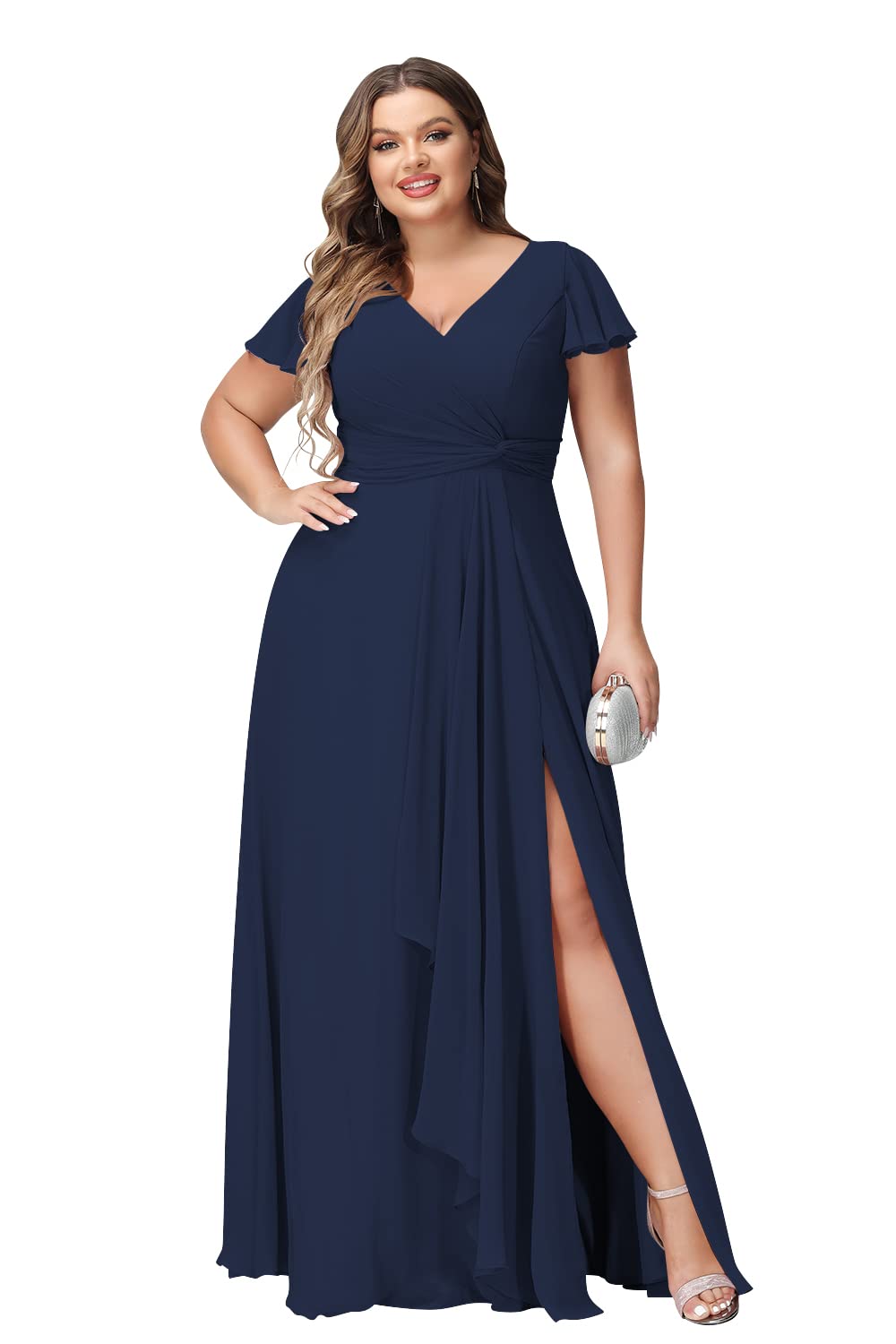 Photo 1 of Miao Duo Simple Navy Blue Ruffled Sleeve Bridesmaid Dresses with Pockets Long Split Chiffon Plus Size Evening Dresses for Women Formal 24W