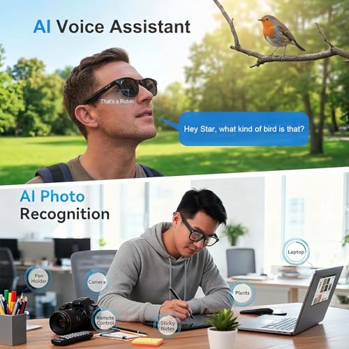 AI Smart Glasses with Camera and Audio, 8MP HD Bluetooth Camera Glasses,1080P Video Recording Sunglasses,Real Time Translation,AI Assistant,Object Recognition,Open-Ear Audio for Travel, Meetings Vlog