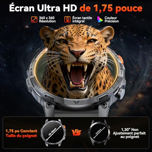 Haulvean Militaire Montre Connectée Homme, 1000mAh Batterie Smartwatch, Deux Bracelets, 1.75" HD Grand Écran, Lampe LED, 100＋Modes Sportifs, Surveillance Santé, Appel Bluetooth pour iOS Android（Noir）