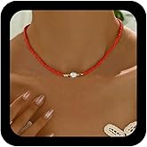 Xduargs Boho Small Seed Bead Choker Necklace White Rice Beads Collar Necklace Single Pearl Clavicle Necklaces Short Beaded Chain Necklaces Jewelry for Women