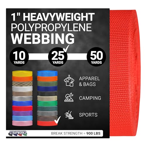 Strapworks Heavyweight Polypropylene Webbing - Heavy Duty Poly Strapping for Outdoor DIY Gear Repair, 1 Inch x 25 Yards - Blood Orange