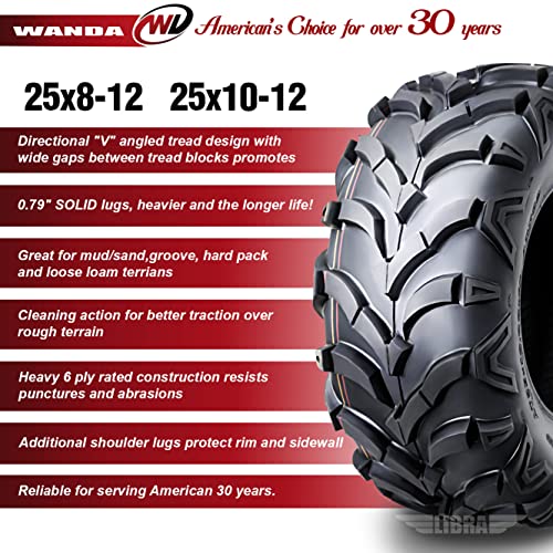 Wanda P341 ATV/UTV Tires 25x812 Front & 25x1012 Rear Solid Mud, Set