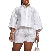 Summer Casual Women's 2 Piece Outfit 3/4 Sleeve Shirt Crop Top High Waist Shorts White Set Rhinestone Details