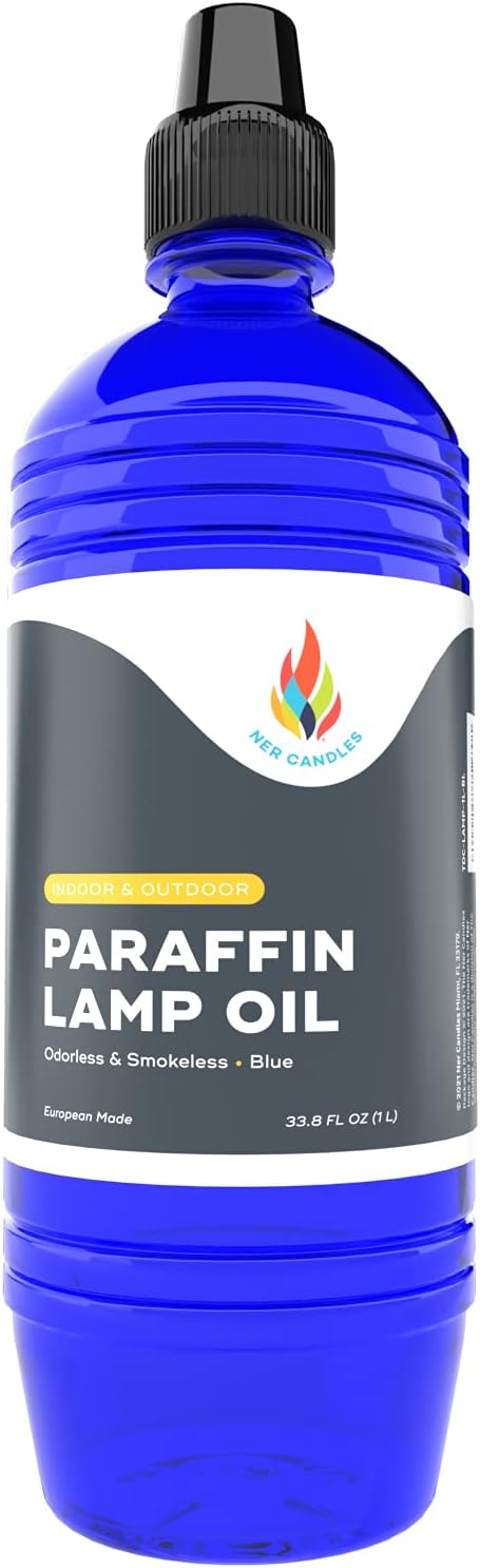 Oil Lamps & Accessories - Liquid Paraffin Lamp Oil - 1 Liter - Smokeless, Odorless, Ultra Clean Burning Fuel for Indoor and Outdoor Use (Blue)