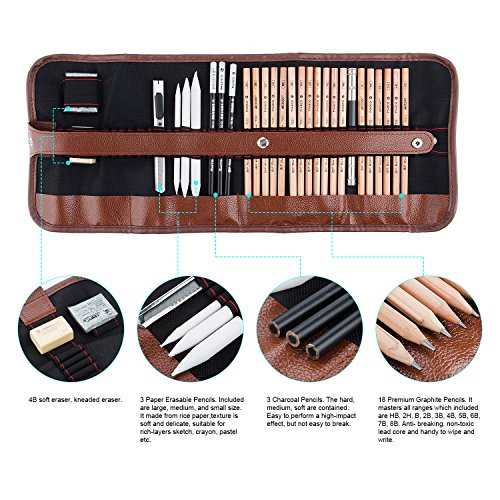 29 Pieces Professional Sketching & Drawing Art Tool Kit With Graphite Pencils, Charcoal Pencils