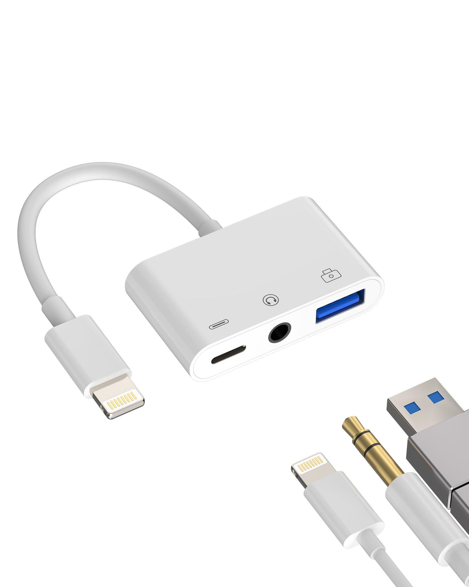 Photo 1 of 3.5mm Headphone to Lightning Jack USB Charger AUX 3in1 Cable Dongle Iphone Audio OTG Adapter for Apple 14 13 12 11 Pro Max Xr X 8 7 Plus Ipad Camera Mouse Keyboard Memory Stick Flash Drive Card Reader