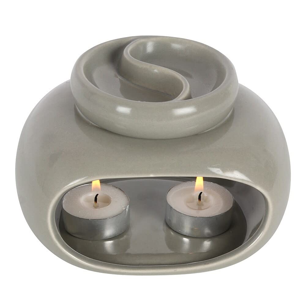Double Grey Ceramic Oil Burner - 10cm x 14cm (1 Pc.) - Sophisticated Design, Duable Material - Suitable for Fragrance Oils & Wax Melts - Ideal for Home Decor