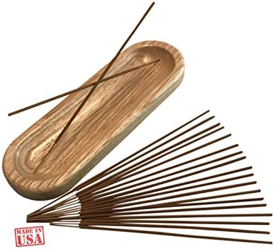 LARGE INCENSE BURNER & INCENSE STICKS GIFT SET - Hand Made, Solid Wood Pecan Holder Catches ALL the Ashes, + 20 Incense Sticks - NEW