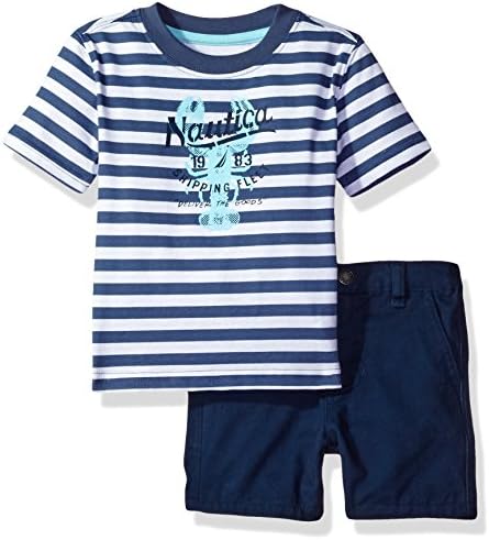 Nautica Baby Boys' Graphic Tee with Pull on Short Set, Ink, 3/6 Months