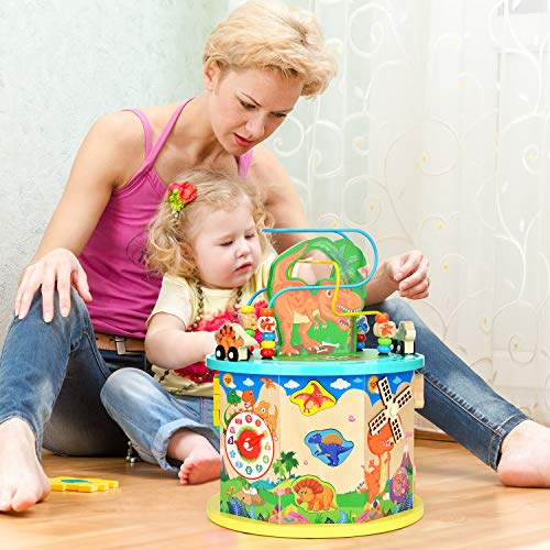 Victostar Activity Cube, 11 in 1 Dinosaur Bead Maze Multipurpose Educational Toy Wood Shape Color Sorter for Kids