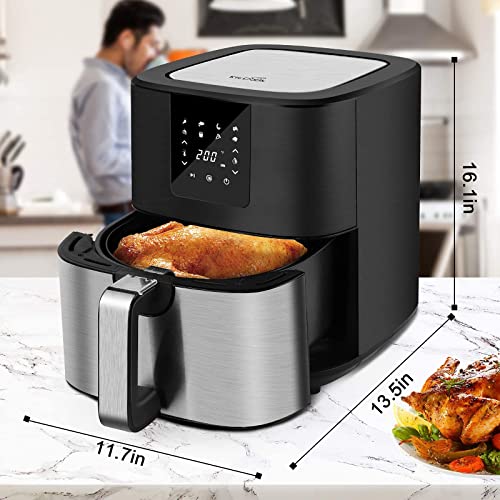 KitCook Large Air Fryer 6.8QT, 1500W Electric Digital Display, 8 Presets, Stainless Steel Non
