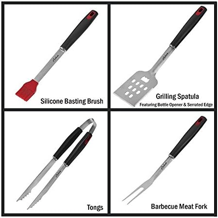 Adna BBQ Grill Tools (4-Piece Set) โ Stainless Steel Utensils Include Tongs, Spatula, Serving Fork and Basting Brush โ Kitchen Accessories with Non-Slip Grips And Heat Resistant Handles.