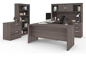 Bestar Logan U Shaped Desk with Hutch, Lateral File Cabinet, and Bookcase in Bark Gray, 66W | Complete Office Setup for Home or Commercial Spaces