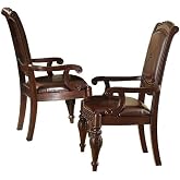 BOWERY HILL Traditional Leather Dining Arm Chair, Cherry Finish, Mahogany and Rubberwood Frame, Button Tufted Design, Hand Carved Details, Formal Style, 44" H x 26" W x 27" D, Set of 2