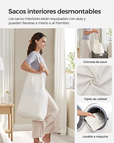 SONGMICS Cesto de la Ropa,130 L,Cesto de Lavandería,Tejido a Mano,con Compartimentos Separados,con Tapa y Asas,Ratán Sintético,Plegable,Bolsa de Forro Extraíble,Gris MLCB253G01.