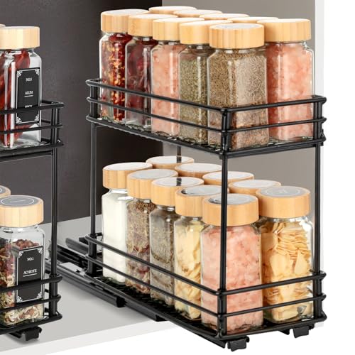 VINATO Spice Racks for Kitchen, 2 Tier Sliding Spice Organizer, Spice Rack with Guides, Kitchen Organizer for Cabinet(26x11x22.5cm)