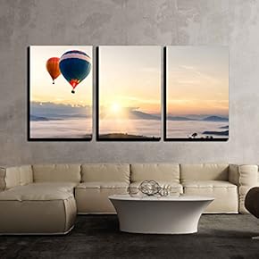 3 Piece Canvas Wall Art - Hot air Balloon Over sea of Mist - Modern Home Art Stretched and Framed Ready to Hang - 16"x24"x3 Panels