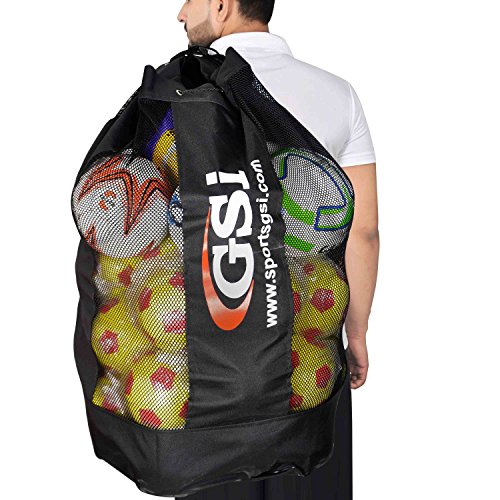 GSI Foldable Mesh Ball Storage Bag with Carrying Strap, Drawstring Closure, Alternate mesh Panels for Football, Basketball, Volleyball, Handball and Other Inflatable Balls (18 Balls)