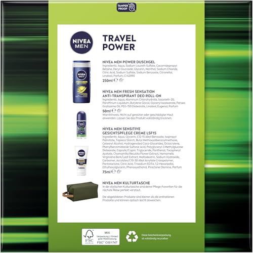 NIVEA MEN Travel Power Geschenkset, Pflegeset mit Pflegeprodukten für unterwegs, Set mit NIVEA MEN Duschgel, Deo Roll-on, Gesichtspflege Creme und Kulturtasche 6