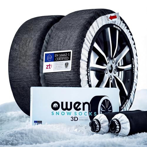 OWEN Schneeketten Textil (Paar) | Die Schnelle Anfahrhilfe bei Schnee & Eis | Geeignet für ABS/ESP | 3D-Grip Traktion & Felgenschutz | Montage in 2 Min | XS-XXL (XL)