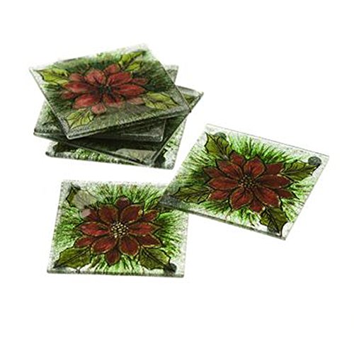 Poinsettia Christmas Flower Pattern Hand Painted Art Glass Coasters Set of 6