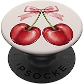 Cute Pink Bow Cherry Coquette Aesthetic Ribbon Girly PopSockets Adhesive PopGrip