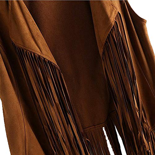 HIRIRI Women Fringe Vest Open Front Sleeveless Vest Cardigan Sleeveless Suede Ethnic Tassels Coat Outwear Khaki - Thumbnail 2