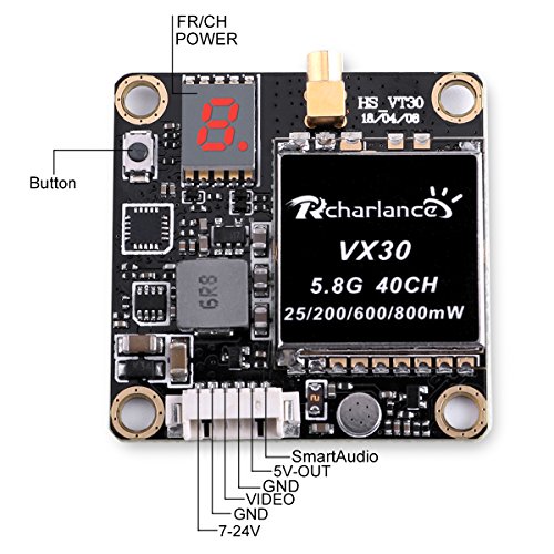 Rcharlance, VX30 5.8G 40CH FPV Transmitter 25/200/600/800mW Switchable FPV Video Transmitter for Cam Mini FPV AV RC Transmitter for Racing Drone Quadcopter