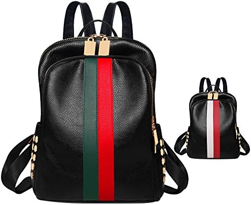 Women Lightweight PU Leather mini backpack purse fashion handbag black shoulder backpack purse red and green stripe (Red-green)