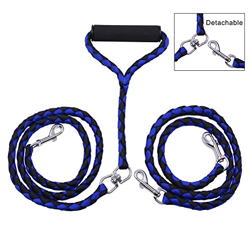 Startostar Detachable Double Dog Leash No-Tangle 2 in 1 Dual Pet Lead with Swivel Padded Handle for One or Two Dogs (Blue)
