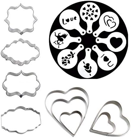 Heart Quote Shape Cookie Cutter Set Wedding Favor Stainless Steel Mini Biscuit Pastry Fruit Cutters Molds for Baking with 8pcs Coffee Stencils Cookie Decoration Tools