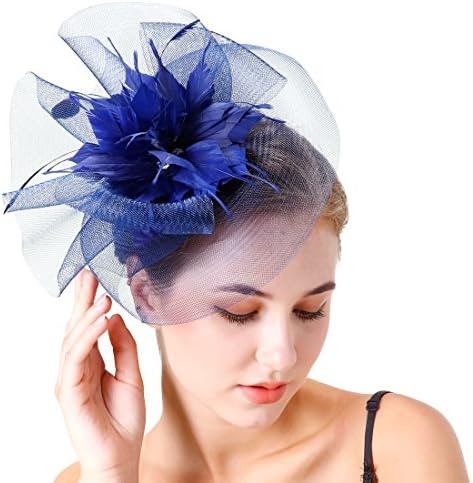 FeiYu Crafts Feather Cocktail Tea Party Fascinator Headband Sinamay Derby Hat For Women (Navy)