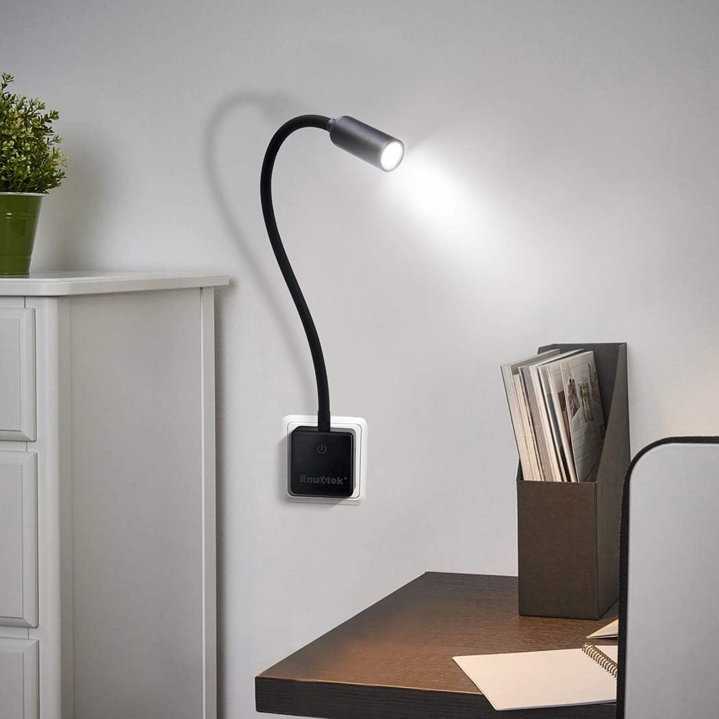 ENUOTEK Plug in Dimmable LED Wall Reading Light, Flexible LED Bedside Wall Spot Lamp with Type G Power Socket Plug - Image 4