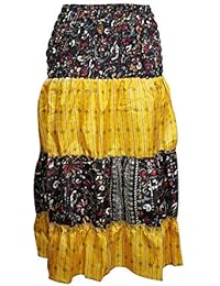 Women's Beach Skirt Dress Ruched Waist Yellow Sari Boho Chic S/M