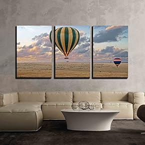 3 Piece Canvas Wall Art - Hot Air Balloon Safari Flight at The Time of Great Migration - Modern Home Art Stretched and Framed Ready to Hang - 16"x24"x3 Panels