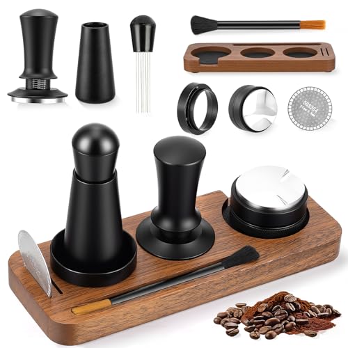 Espresso Accessories Set 54 mm, Wooden Tamper Station with Adjustable Height, Non-Slip Base and 3 Silicone Pads - Organizer for Portafilter, Distributor, Brush and Dispenser