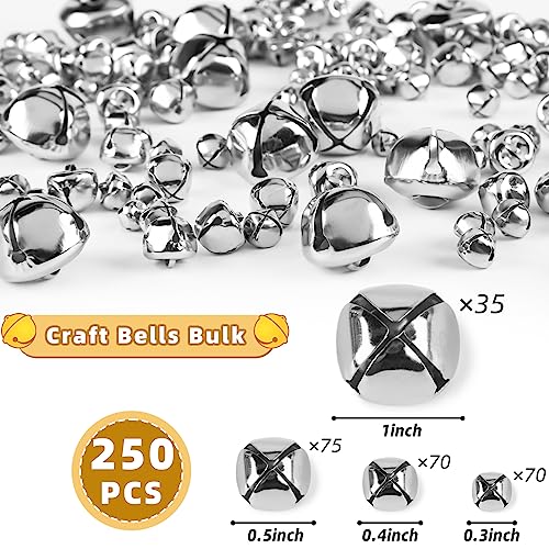VGOODALL 250PCS Craft Bells Bulk, Jingle Bells Assorted Sizes Silver Bells for Crafts Christmas Wreath Party DIY Projects Home Decor