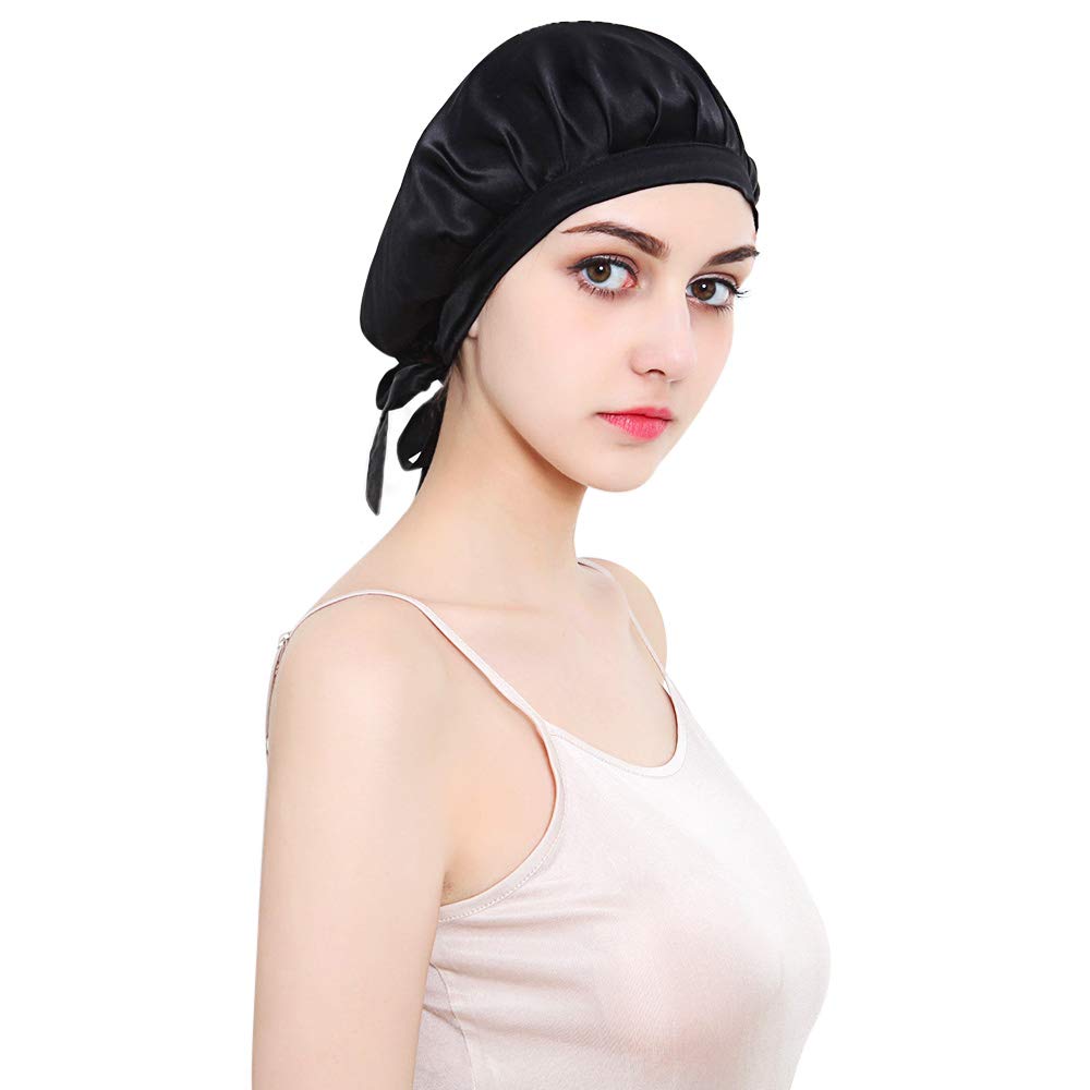 HINATAA 100% Mulberry Silk Night Sleep Cap，Sleeping Cap for Women Head Cover Bonnet for Hair Beauty with Elastic Band for Sleep, Hair Loss, Hair Protection (Black)