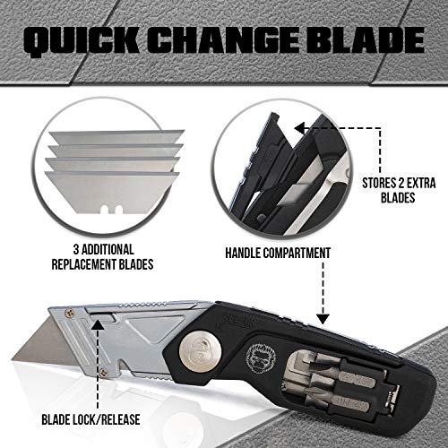 Folding Utility Knife, Box Cutter W/Screwdriver & Bits Wire Stripper Tool, Quick Release Replaceable Blades & Safe Lock, Heavy Duty with Belt Clip, Easy Pocket Storage W/Refills