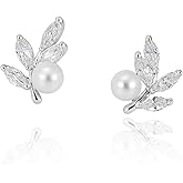 Pearl Leaf Stud Earrings for Women 18K Gold Plated Leaf Cubic Zirconia Earrings Dainty Bridal Bridesmaid Wedding Jewelry