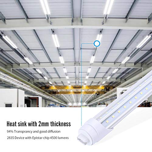 R17d Rotatable HO Base V Shaped 65W 8 Foot Led Lulbs Double Row, 7800LM,150W Fluorescent Lamp Replacement Shop Lights, Dual-Ended Power, Cold White 6000K,Clear Cover, AC 85-277V Pack of 12