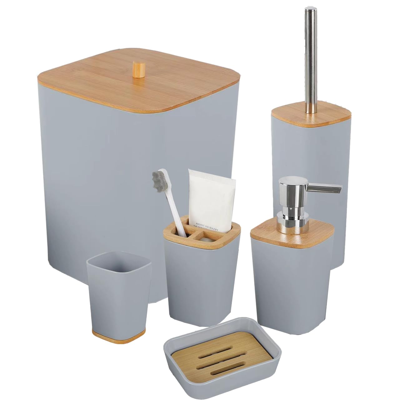 JETAINE 6 Pieces Bamboo Bathroom Accessories Bathroom Accessory Set, Luxury Modern Plastic Bath Set, Toilet Accessories Set Trash bin, Toothbrush Holder Cup, Soap Dish Holder, Soap Dispenser Gift — image 1