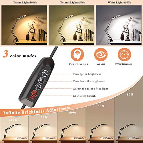 LED Magnifying Glass Desk Lamp,5X Lighted Magnifier with 3 Color Modes,Brightness Dimmer,Eye Protection,Reading Light Clamp Lamp for Table Top Tasks
