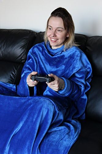 Large Blue Supersoft Fleece TV Blanket with Sleeves