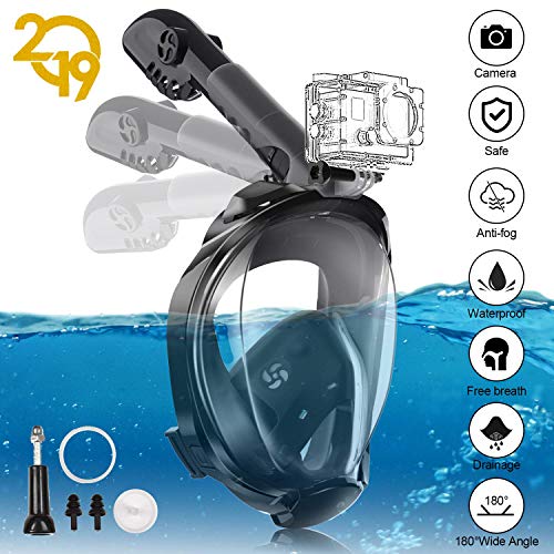 Full Face Snorkel Mask, 180°Panoramic View Free Breathing Foldable Tube Design, Anti-Leak Anti-Fog Snorkeling Diving Mask with Detachable Camera Mount & Adjustable Head Straps for Adult Black (S/M) - Thumbnail 7