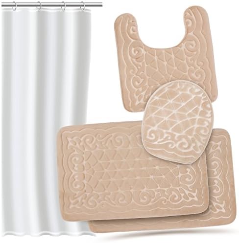 Effiliv 4 Piece Bathroom Rugs Set - Memory Foam Large Bath Rugs, Extra Soft Mats + Shower Liner, Beige