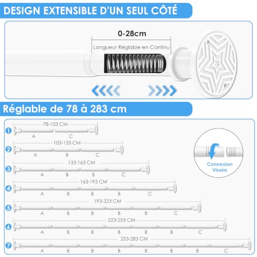 Curtain Rod, No Drilling, White, 78-284 cm, Extendable Curtain Rod, 28 mm, Heavy Duty Pressure, Adjustable, Installation Without Drilling or Screw, for Bathroom, Window, Door