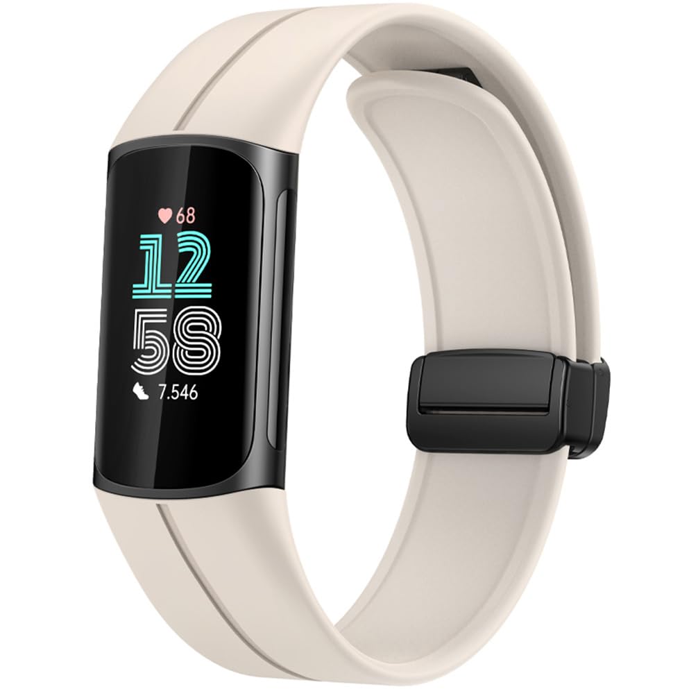 Miimall Magnetic Strap for Fitbit Charge 6 /Fitbit Charge 5 Straps, Soft Silicone Sport Strap for Women Men, Adjustable Replacement Band-Starlight