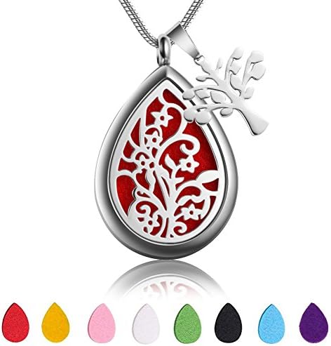 Teardrop Aromatherapy Essential Oil Diffuser Necklace Locket Pendant Hypo-Allergenic 316L Surgical Grade Stainless Steel With 23.6" Adjustable Snake Chain and 8 Reusable Washable Refill Pads