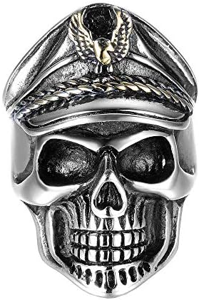 XBYN Men's Stainless Steel Punk Skull Rings Vintage Officer Soldier Ring Eagle Cap Silver Black